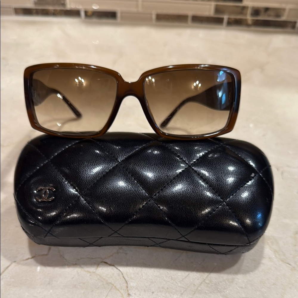 CHANEL Brown and Black Sunglasses with Quilted Case